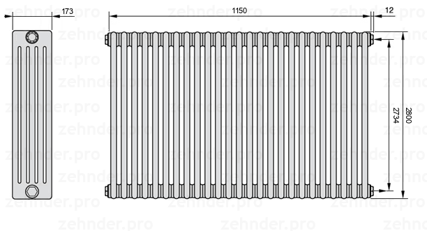 Схема (чертеж) Радиатор Zehnder Charleston 5280/25 №7610 Белый глянцевый RAL 9016
